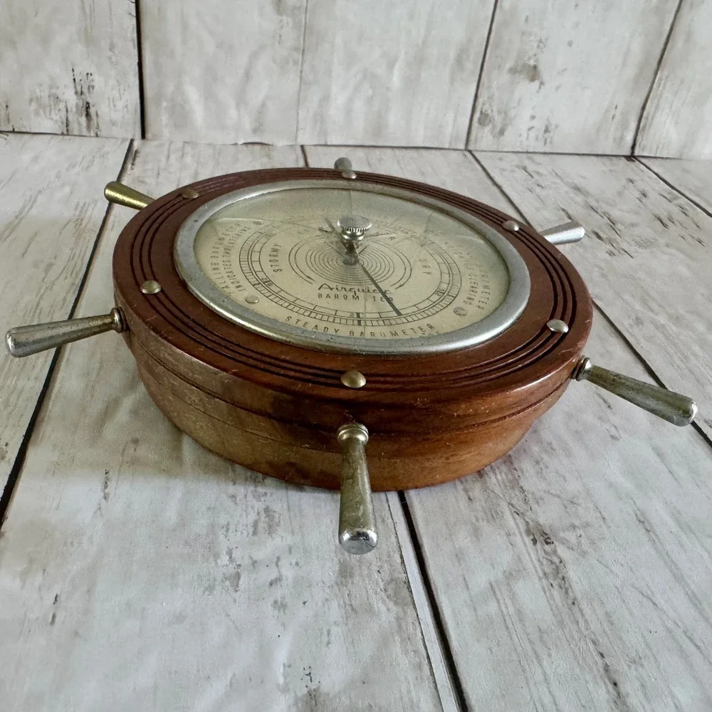 Vintage Airguide Barometer Nautical Ship Wheel Wood Wall Weather Station USA
